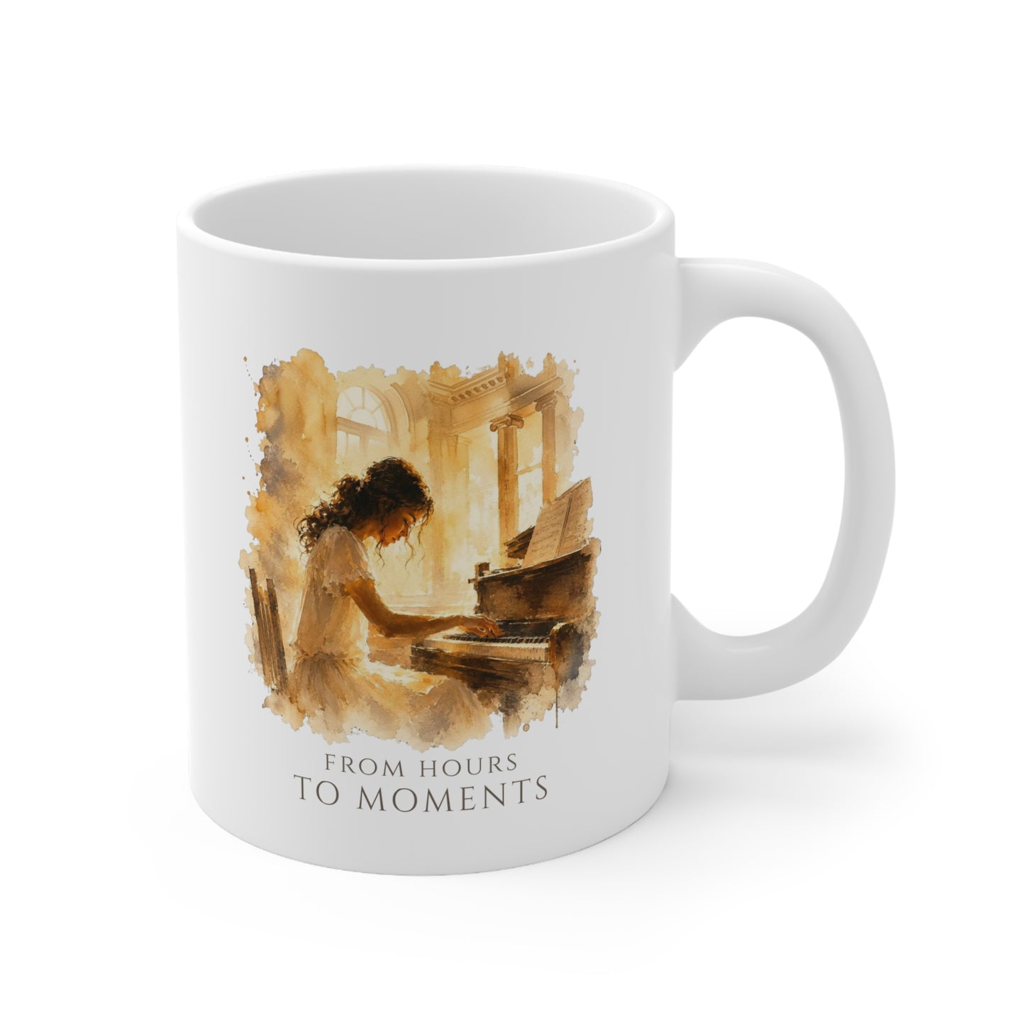 Right-side view of the From Hours to Moments piano mug featuring warm painterly piano artwork.