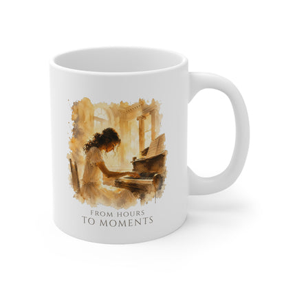 Right-side view of the From Hours to Moments piano mug featuring warm painterly piano artwork.