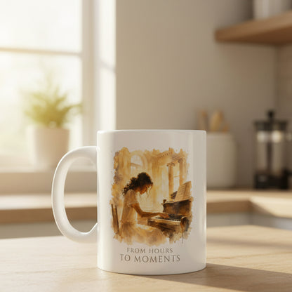From Hours to Moments piano mug displayed on a sunlit kitchen bench.