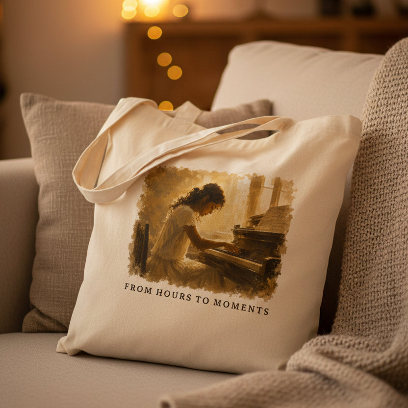 Close-up of the From Hours To Moments piano tote bag resting on a sofa in a warm, inviting home interior.
