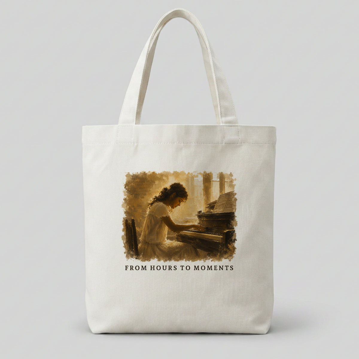 Cream canvas piano tote bag featuring the From Hours To Moments artwork for piano students and music lovers.