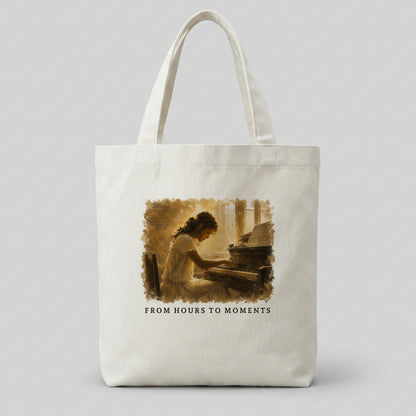 Cream canvas piano tote bag featuring the From Hours To Moments artwork for piano students and music lovers.