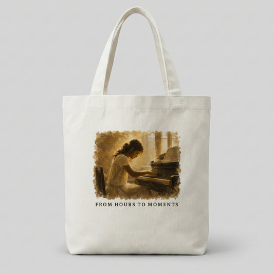 Cream canvas piano tote bag featuring the From Hours To Moments artwork for piano students and music lovers.