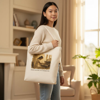Teen piano student carrying the From Hours To Moments cream canvas tote bag in a bright, elegant music room.