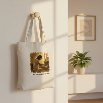 Cream canvas piano tote bag hanging on a wooden wall hook in warm afternoon light, featuring the From Hours To Moments artwork.