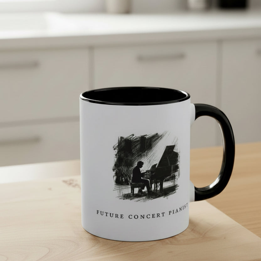 Future Concert Pianist piano mug on a light wooden kitchen bench with a clean, minimal background.