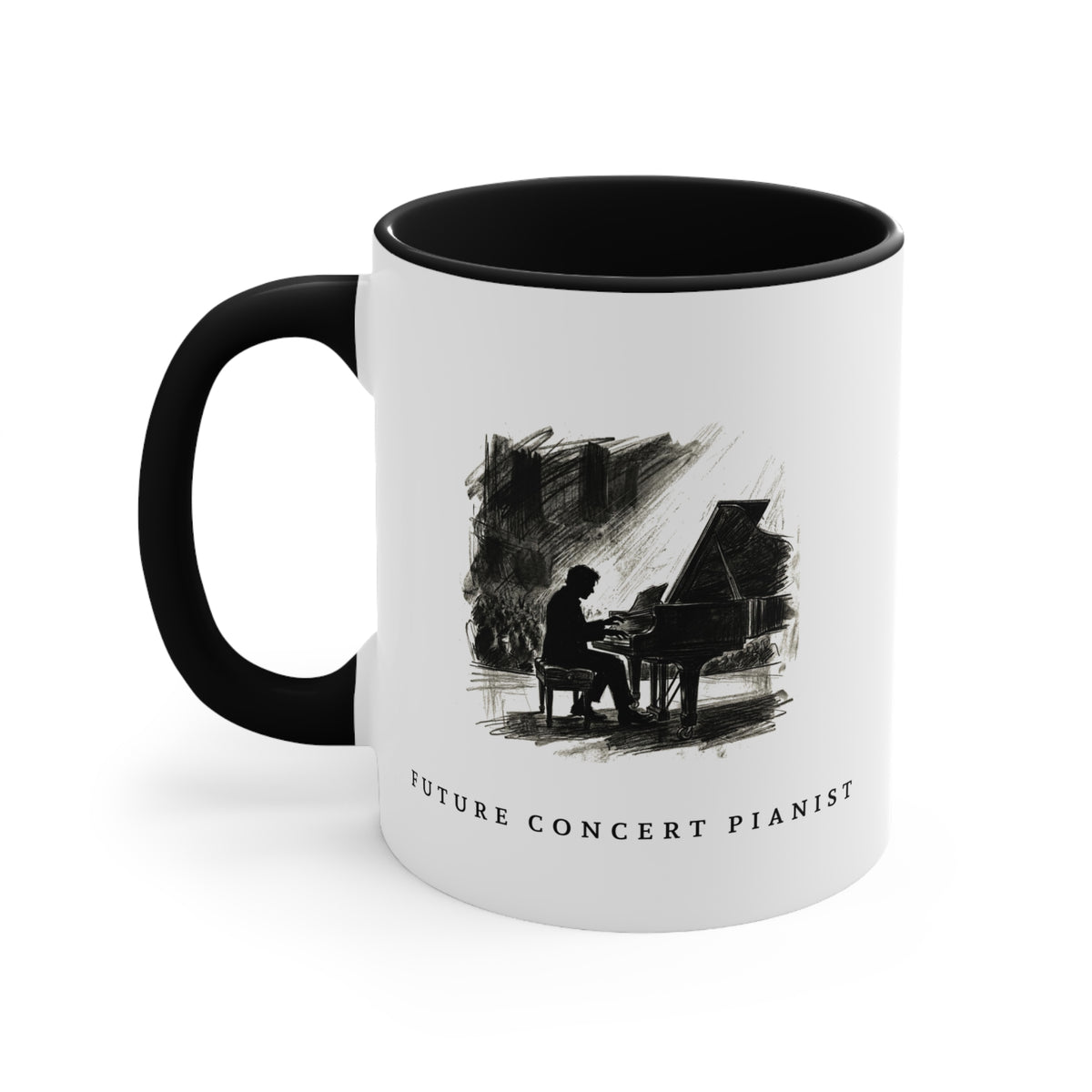 Left view of the Future Concert Pianist piano mug showing the full artwork and black handle.