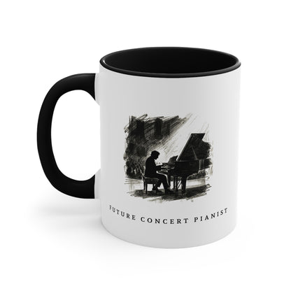 Left view of the Future Concert Pianist piano mug showing the full artwork and black handle.
