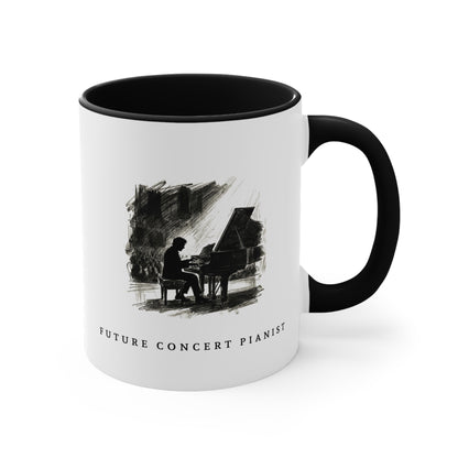 Right view of the Future Concert Pianist piano mug showing the full artwork and black handle.
