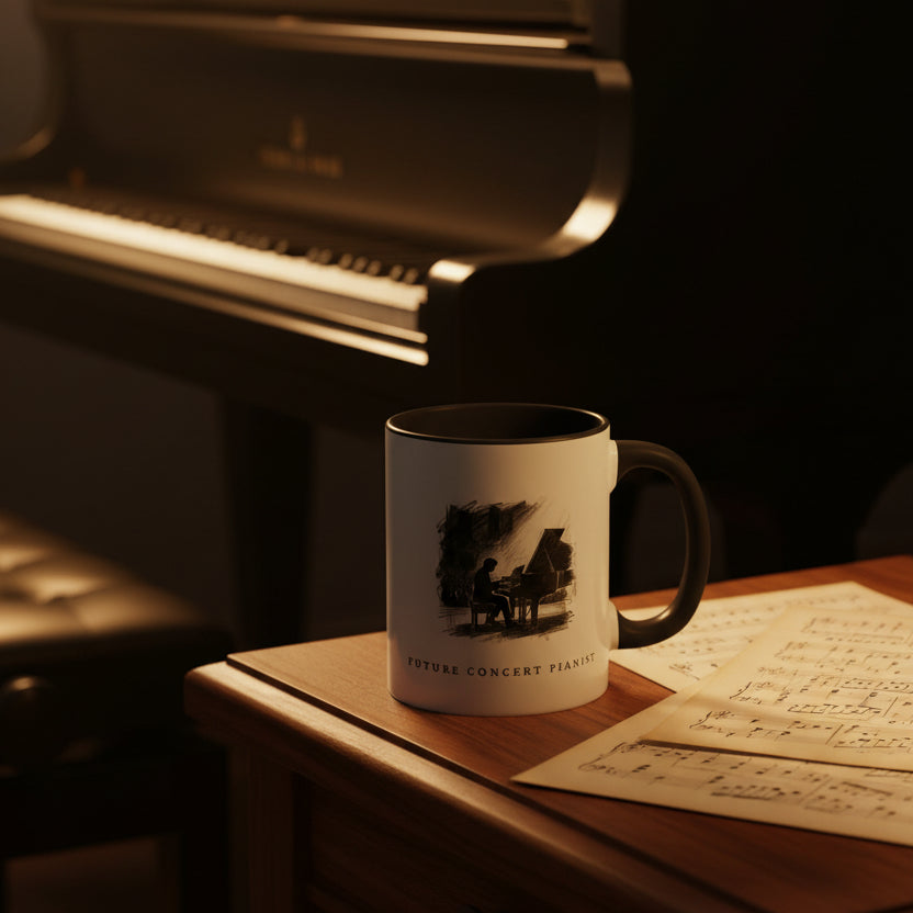 Future Concert Pianist piano mug beside sheet music in front of a grand piano, creating a warm evening practice setting.
