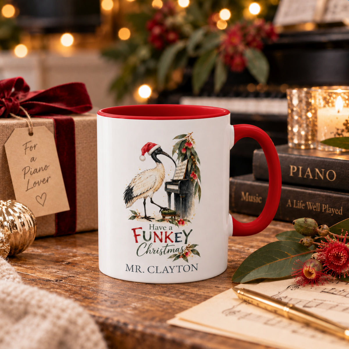 Australian Christmas piano teacher mug with ibis design, native gum blossoms and personalised name