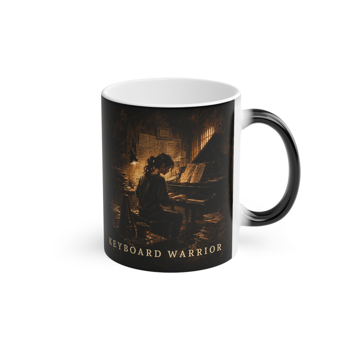 Side view of Keyboard Warrior piano mug showing wraparound artwork.