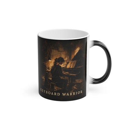Side view of Keyboard Warrior piano mug showing wraparound artwork.