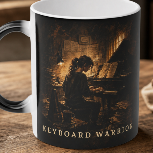 Keyboard Warrior piano mug for female music students featuring original painterly piano artwork.