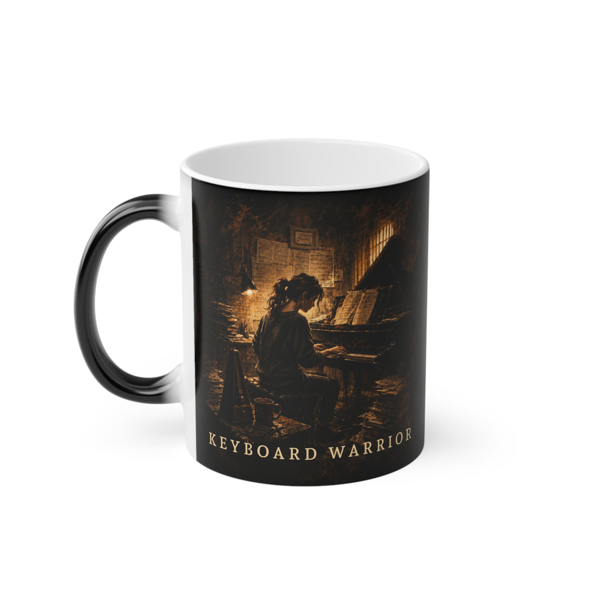 Black handled Keyboard Warrior piano mug with original pianist artwork.