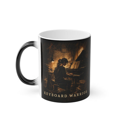 Black handled Keyboard Warrior piano mug with original pianist artwork.