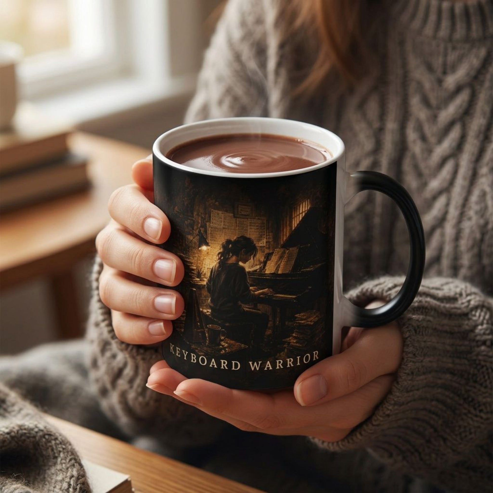 Hands holding the Keyboard Warrior piano mug filled with a hot drink.