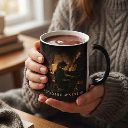 Hands holding the Keyboard Warrior piano mug filled with a hot drink.