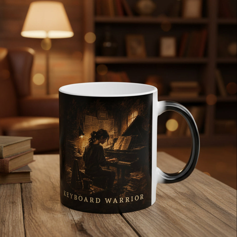 Keyboard Warrior piano mug displayed on a rustic wooden table in warm natural light.