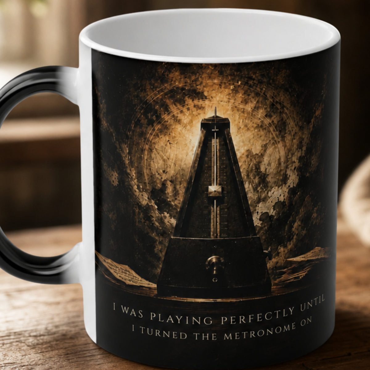 Metronome Truths heat-reactive piano mug shown on a wooden table, featuring original metronome artwork for pianists and piano teachers.