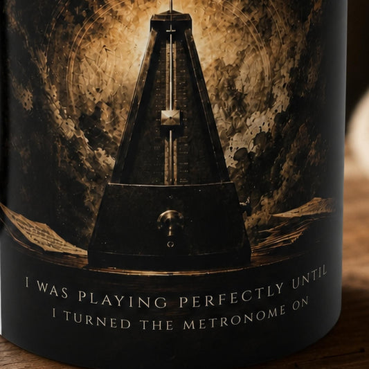 Close-up of the Metronome Truths heat-reactive piano mug featuring original metronome artwork and the quote "I was playing perfectly until I turned the metronome on."