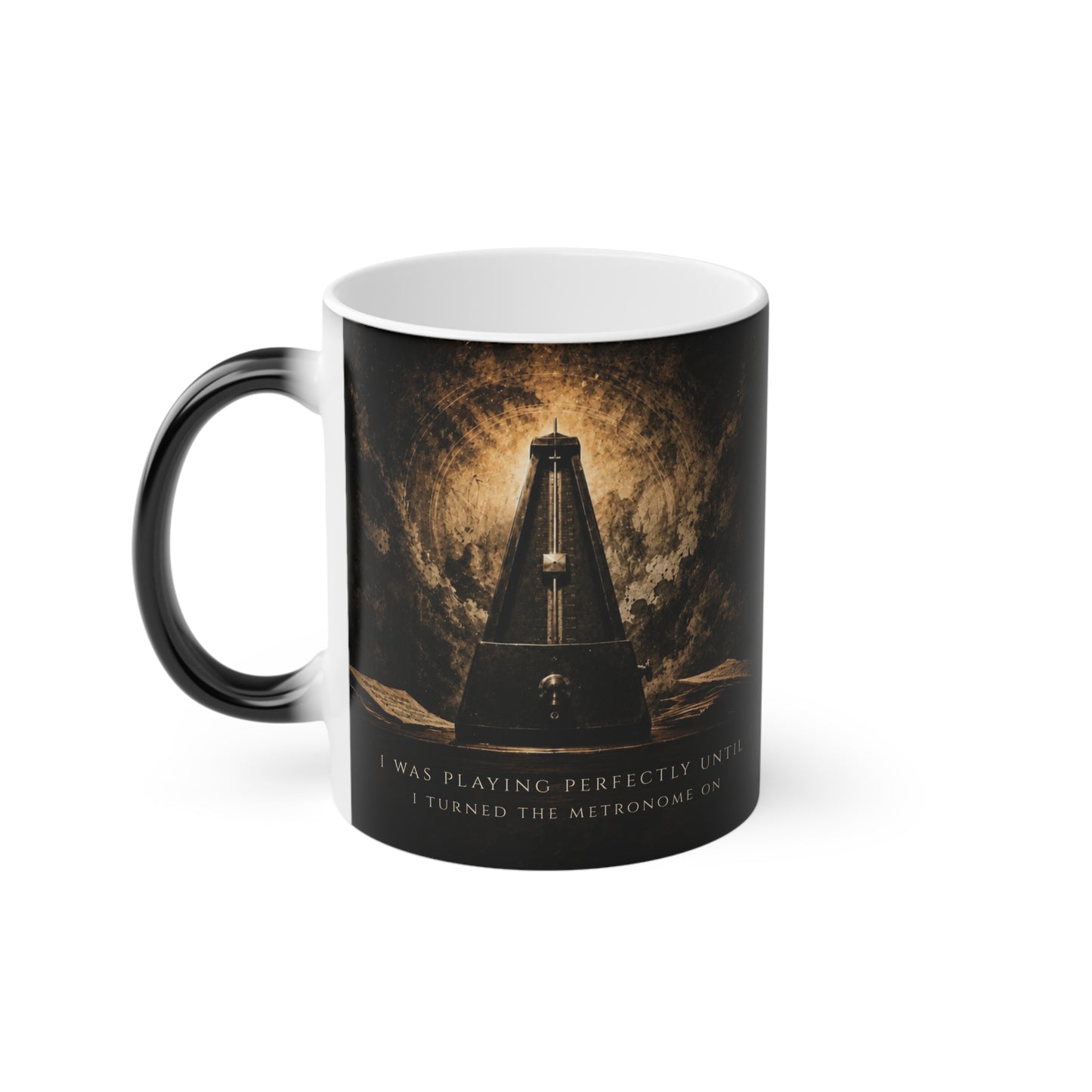 Front view of the Metronome Truths heat-reactive piano mug with original metronome artwork and humorous piano practice quote.