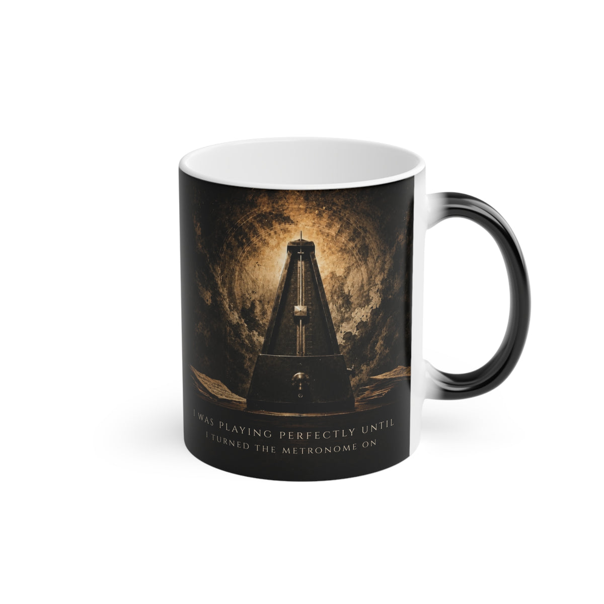 Side view of the Metronome Truths heat-reactive piano mug designed for pianists, piano teachers and music lovers.