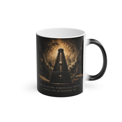 Side view of the Metronome Truths heat-reactive piano mug designed for pianists, piano teachers and music lovers.
