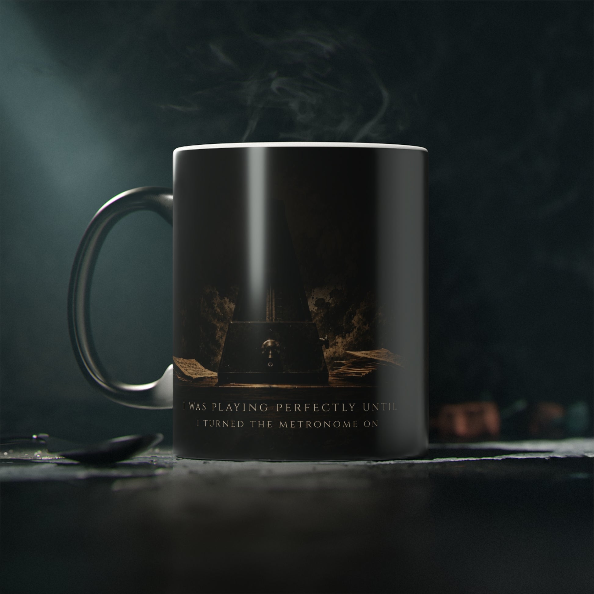 Metronome Truths heat-reactive magic mug before heating, appearing as a black mug with the hidden design concealed.