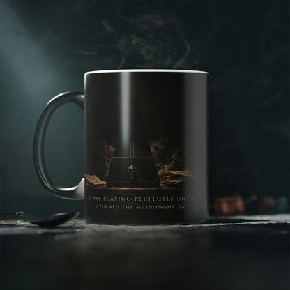 Metronome Truths heat-reactive magic mug before heating, appearing as a black mug with the hidden design concealed.