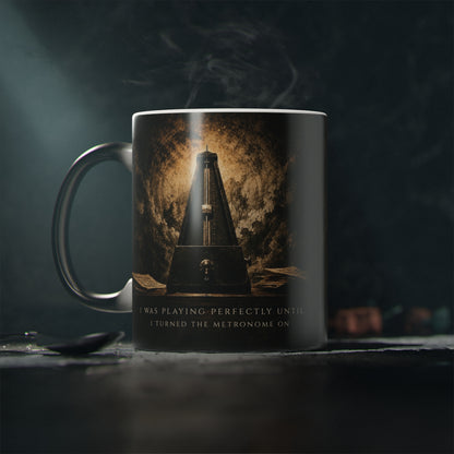 Metronome Truths heat-reactive magic mug after adding a hot drink, revealing the original metronome artwork.