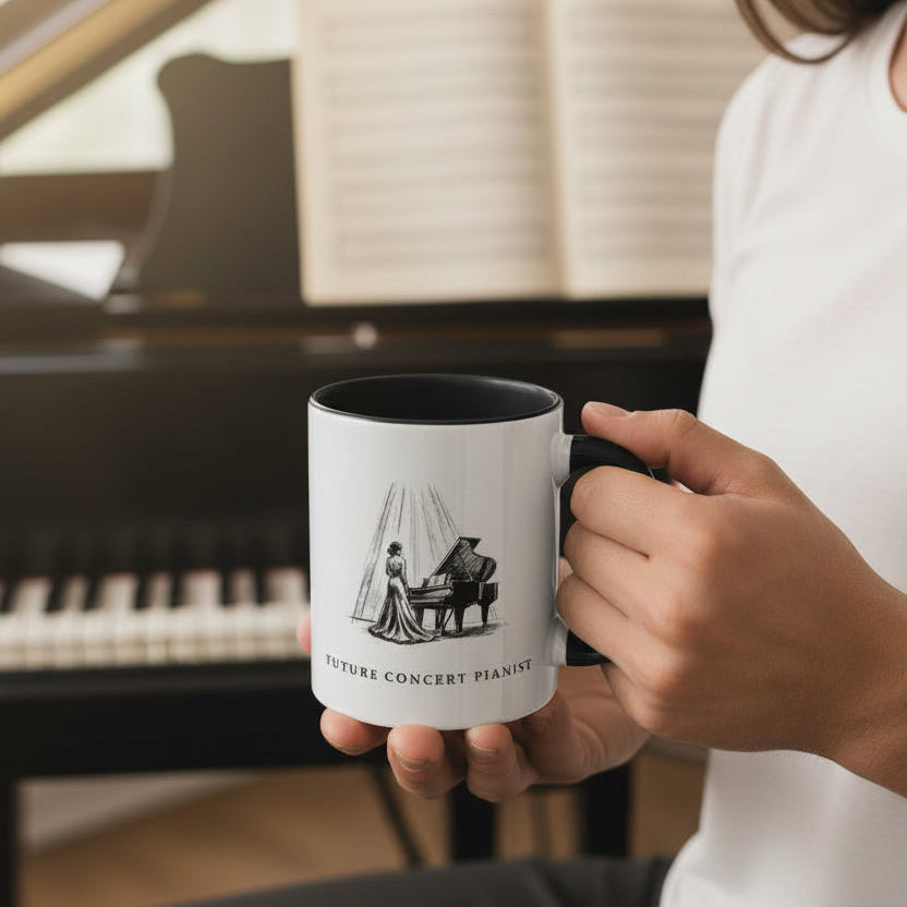 Person holding The Ovation piano mug for aspiring pianists in front of a grand piano.