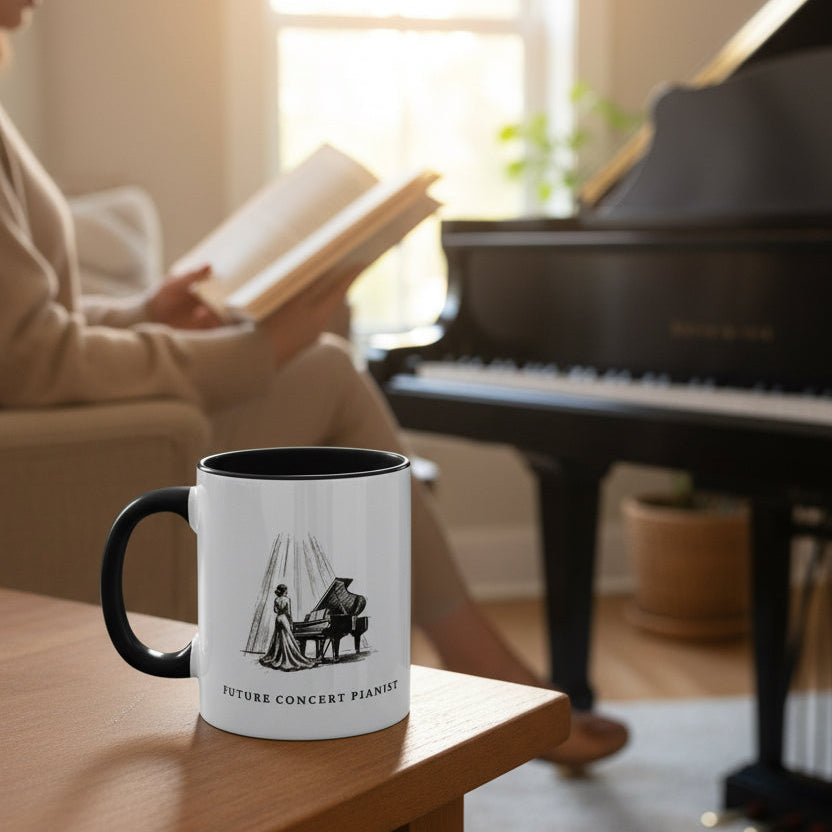 The Ovation piano mug for aspiring pianists on a side table while someone reads beside a grand piano.