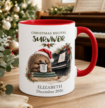 Personalised echidna piano Christmas mug beside a piano