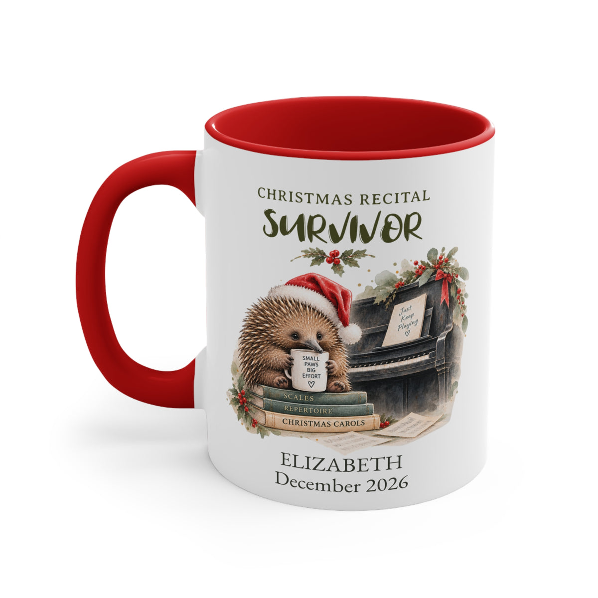 Personalised echidna piano Christmas mug with red handle on left
