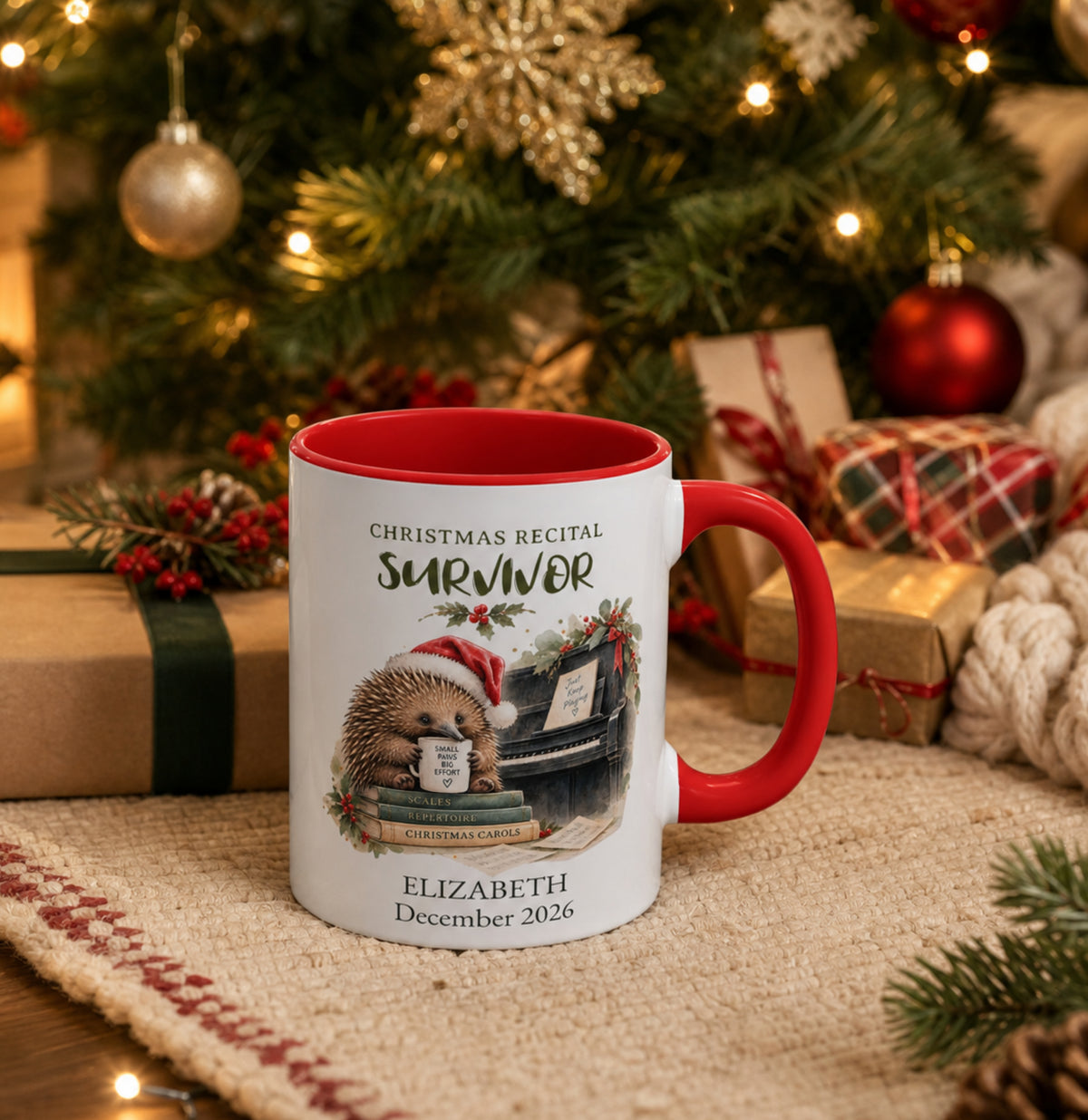Personalised Christmas recital mug for a piano student
