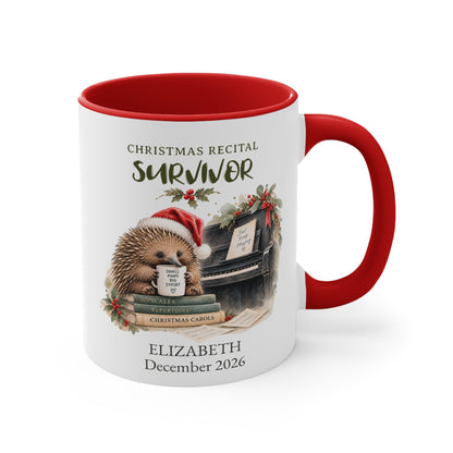 Personalised echidna piano Christmas mug with red handle on right