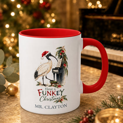 Personalised ibis piano Christmas mug with Australian gum blossoms and teacher name Mr. Clayton
