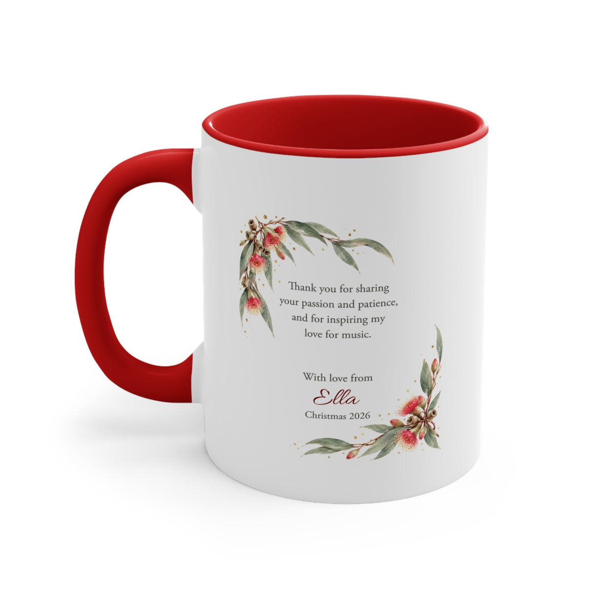 Back of personalised ibis piano teacher Christmas mug with heartfelt thank-you message and student name