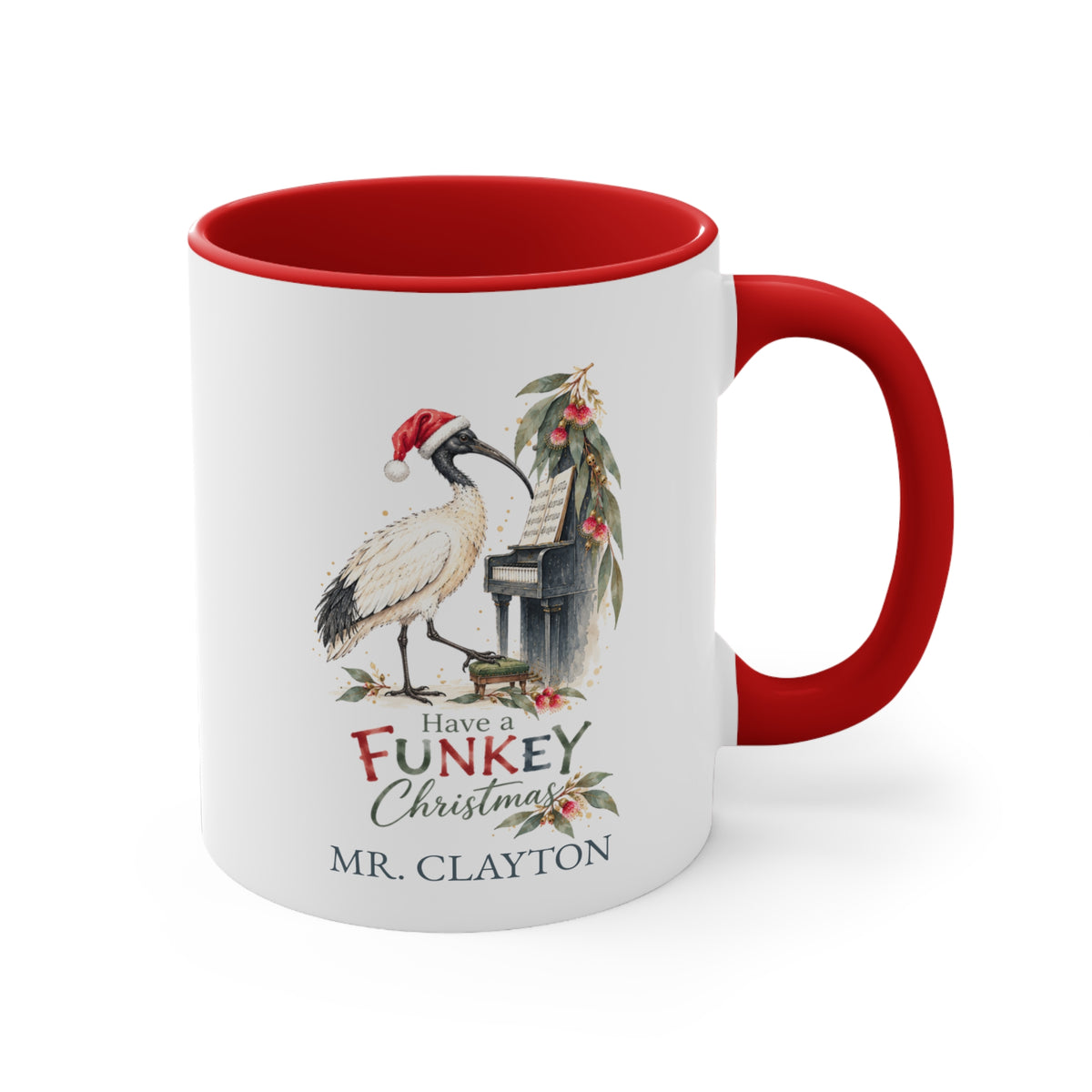 Personalised ibis Christmas piano mug with red handle, Australian gum blossom artwork and teacher name