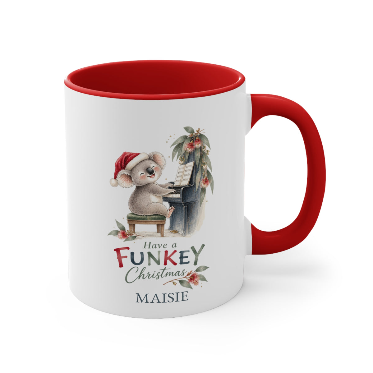 Personalised koala piano Christmas mug with red handle featuring recipient name