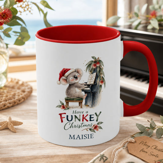 Personalised koala piano Christmas mug with red handle and recipient name