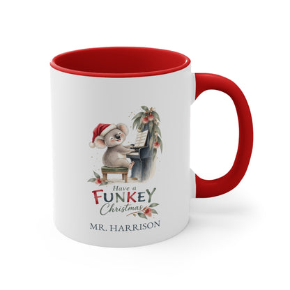 Personalised koala piano teacher Christmas mug with festive Australian gum blossom design