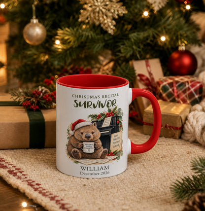 Personalised wombat piano mug displayed with Christmas gifts and decorations, designed as a Christmas recital keepsake for piano students.