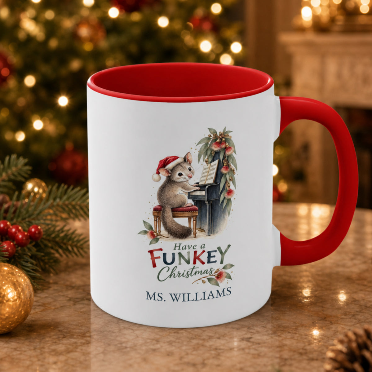 Personalised possum piano Christmas mug with Australian gum blossoms and teacher name Ms. Williams
