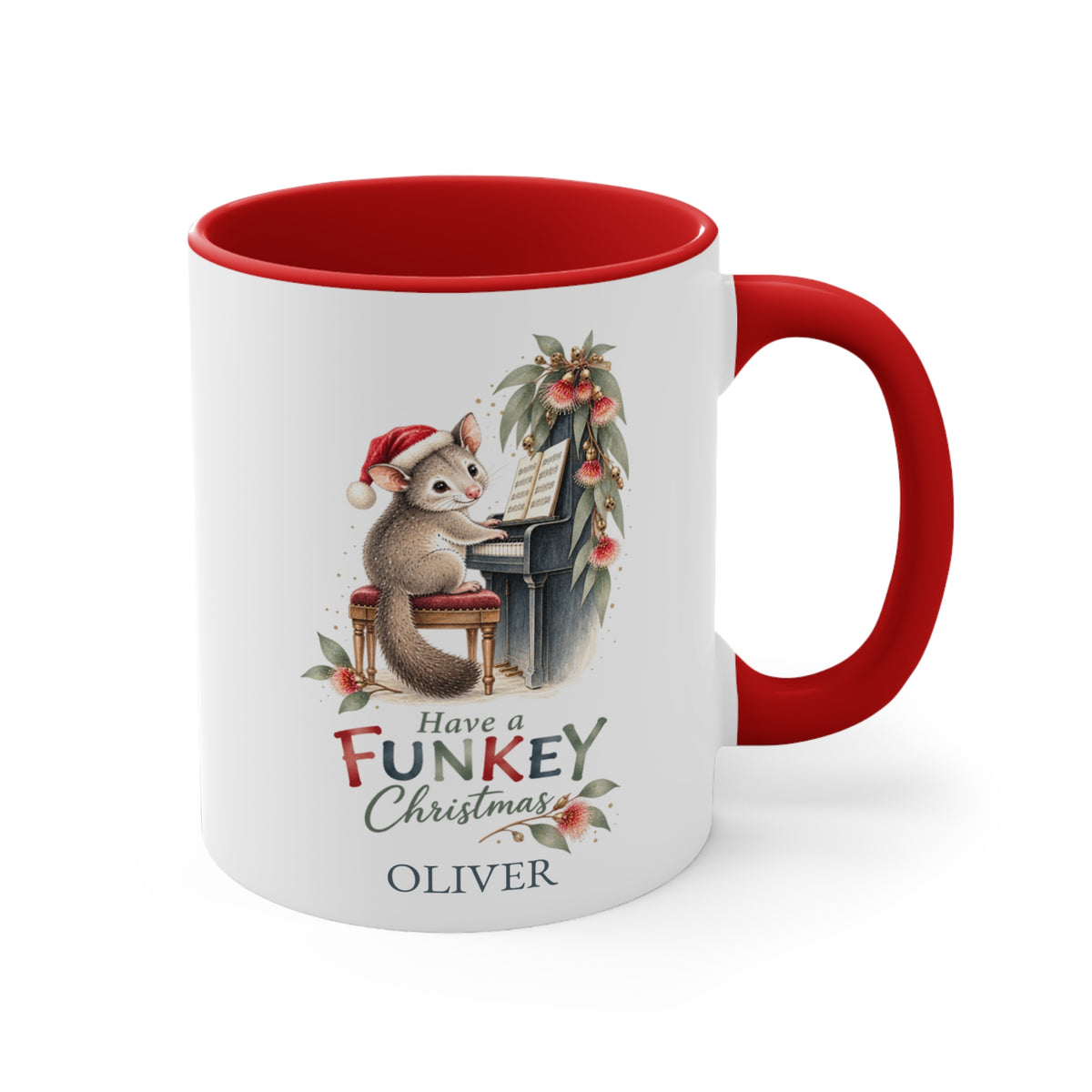 Personalised possum piano Christmas mug with red handle and recipient name