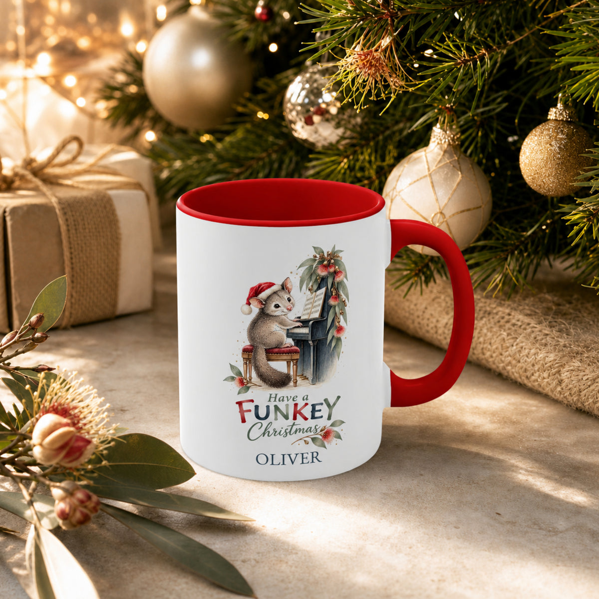Personalised possum piano Christmas mug with red handle in an Australian festive setting