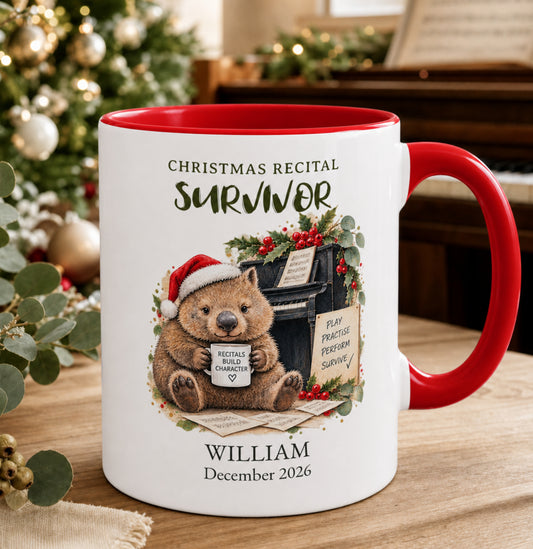 Personalised Christmas Recital Survivor piano mug featuring a festive Australian wombat, customised with student name and recital date.
