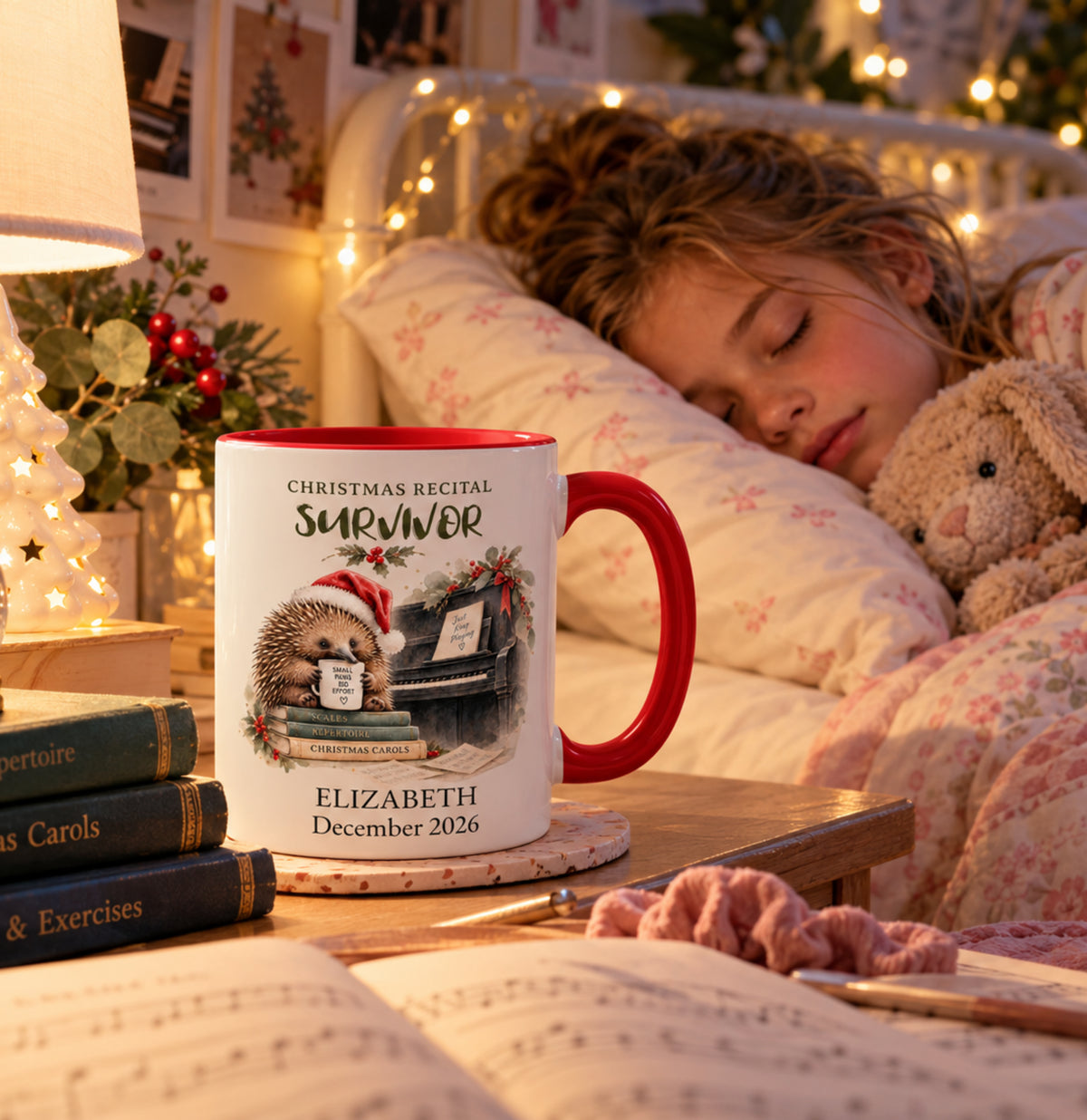 Personalised piano student Christmas mug beside sleeping child after recital practice