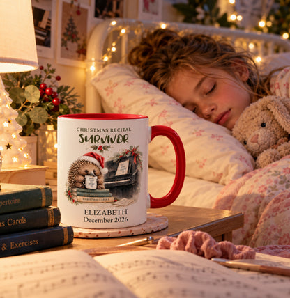 Personalised piano student Christmas mug beside sleeping child after recital practice